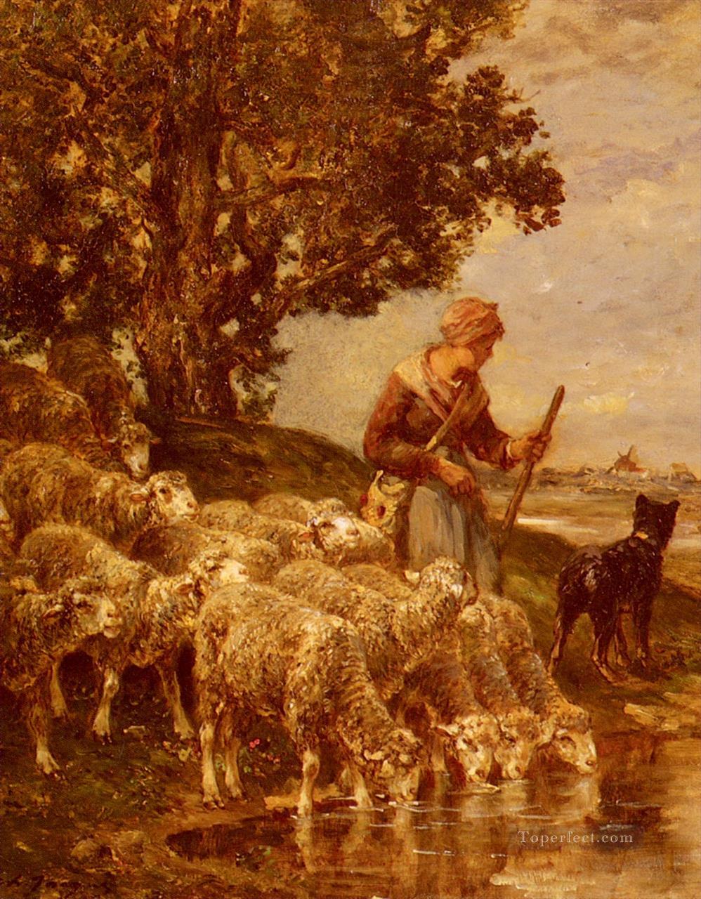 羊の群れに水をやる羊飼いの動物家 シャルル・エミール・ジャック油絵